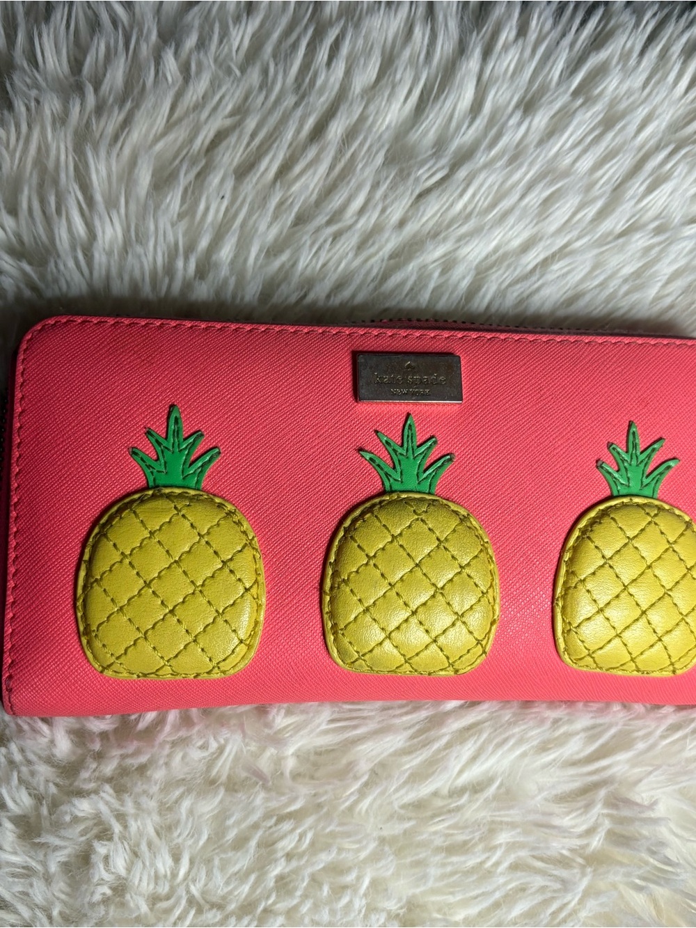 kate spade Coral Zip-Around Wallet with Yellow Pineapple Motifs